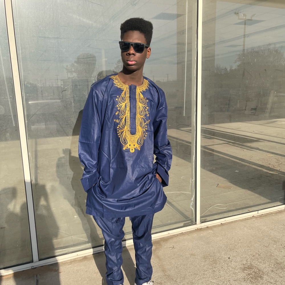 African clothing for men top and bottom Danshiki navy blue with gold embroidery